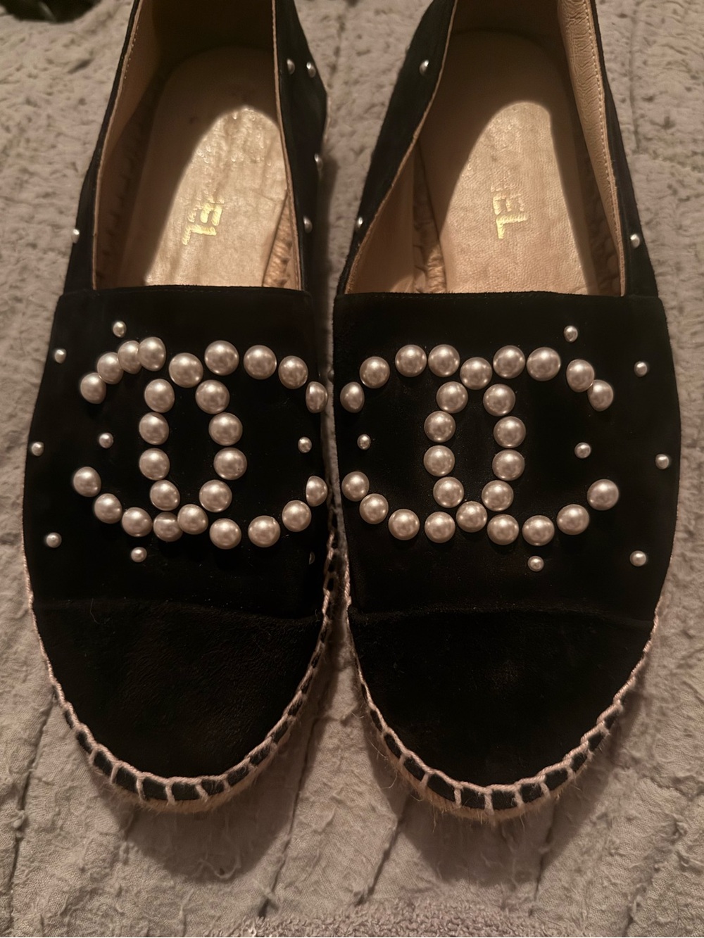 Chanel Suede Black Pearl-Embellished Women's Espadrilles - Picture 2 of 13